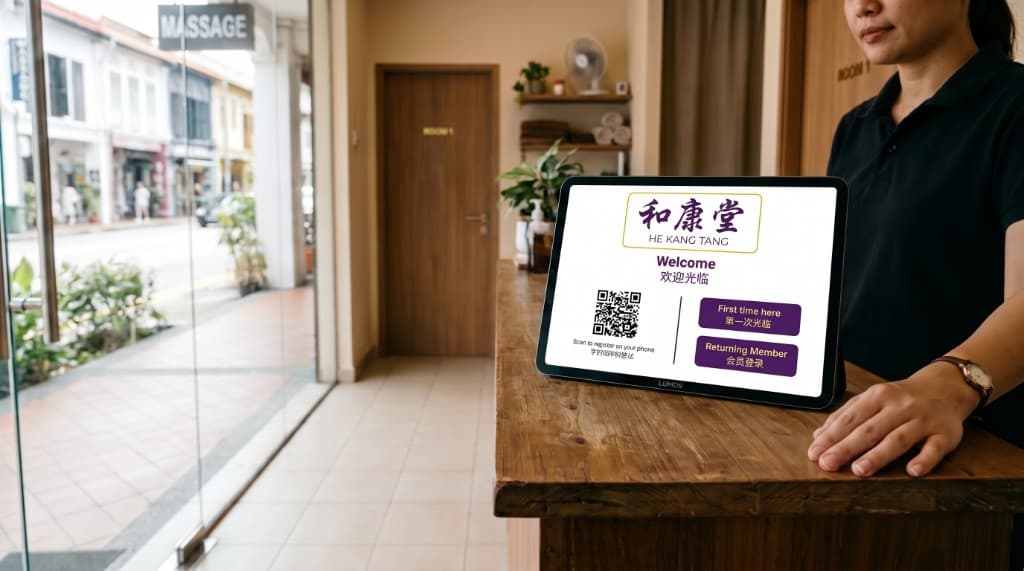 A tablet on the counter of a Singapore massage shop, open on the welcome screen
